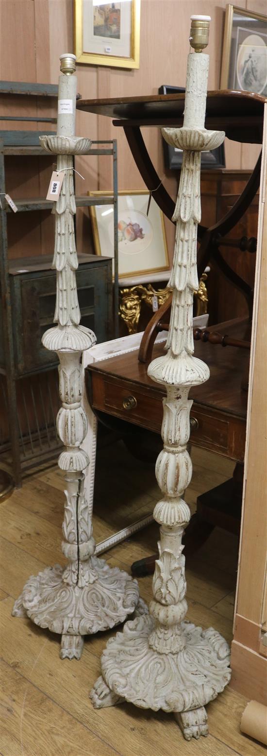 A pair of French carved silver painted standard lamps W.40cm